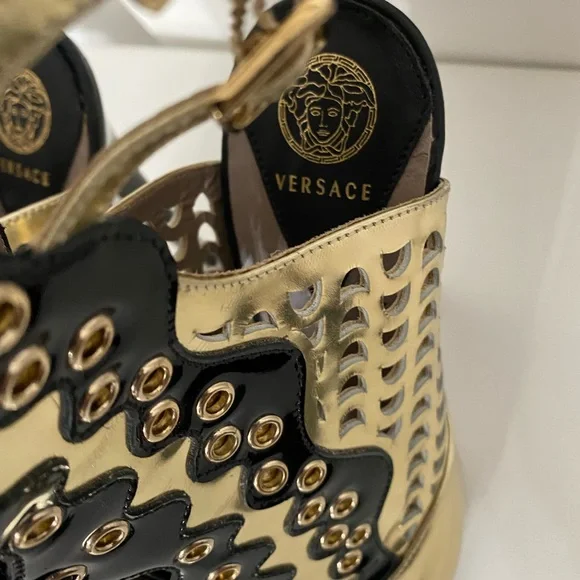 VERSACE | Gold Black Lace Up Gladiator Patent Leather Shoes Perforated Heels 36 - Picture 5 of 16